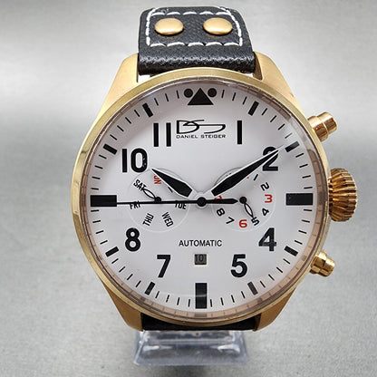 Daniel Steiger Pilot Pro Watch Men 47mm White Dial Rose Gold Tone Daydate  Runs1