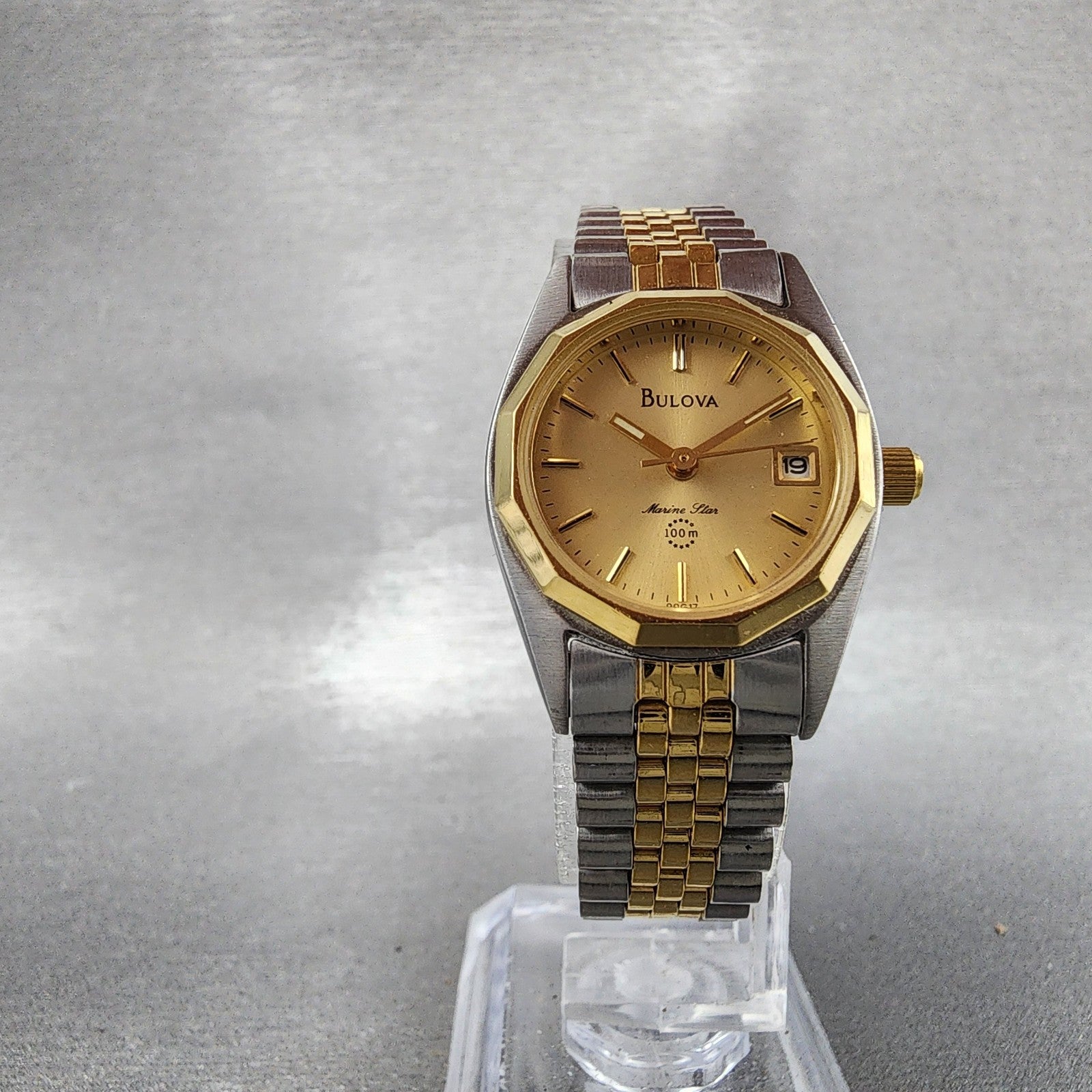 Bulova Marine Star Watch Women 24mm Gold Dial Two Tone Date Round New Battery5