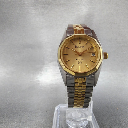 Bulova Marine Star Watch Women 24mm Gold Dial Two Tone Date Round New Battery5