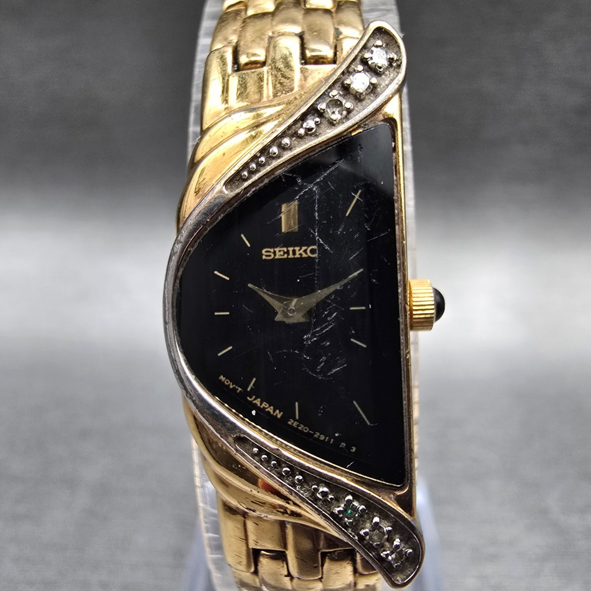 Seiko Half Moon Watch Women 14mm Black Dial Gold Diamonds Asymmetrical New Batt1
