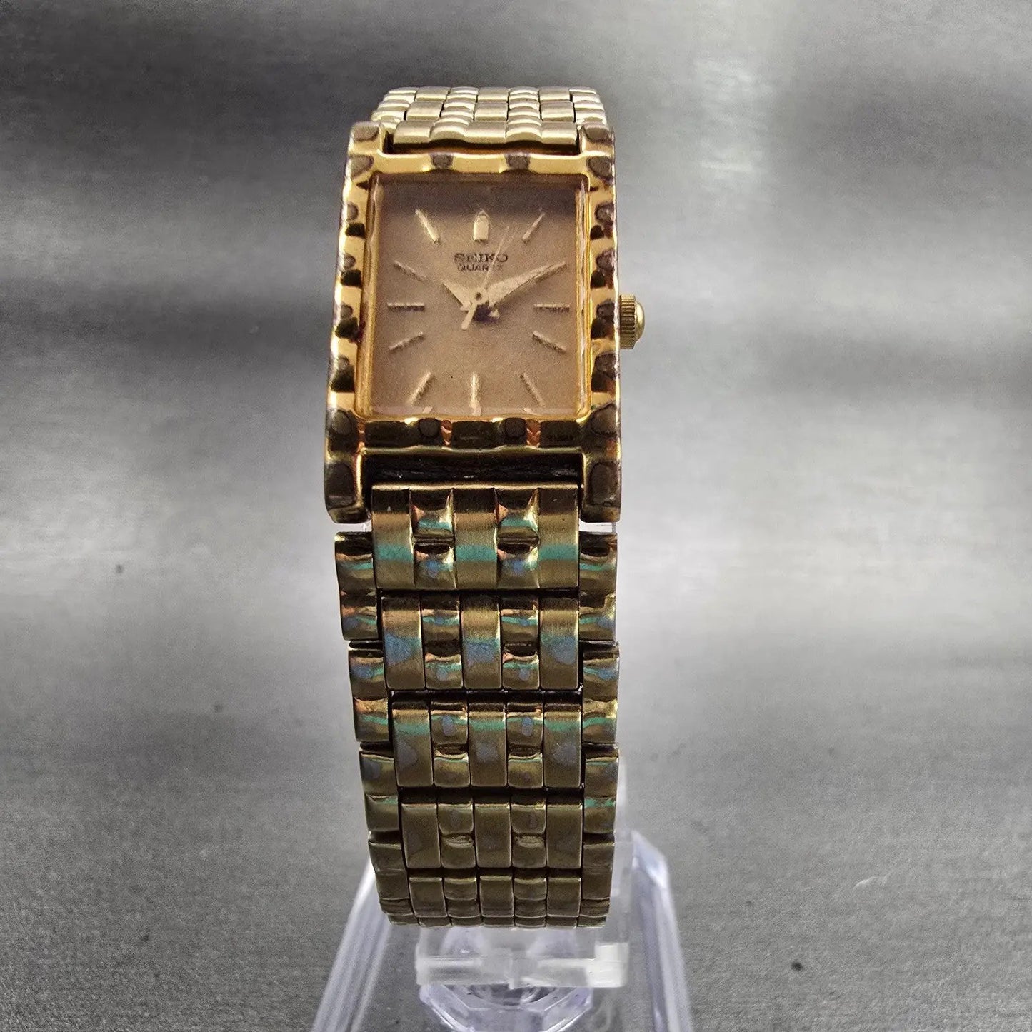 Seiko Watch Women 16mm Gold Dial Gold Tone Rectangle 1N01-5A69 New Battery VTG5
