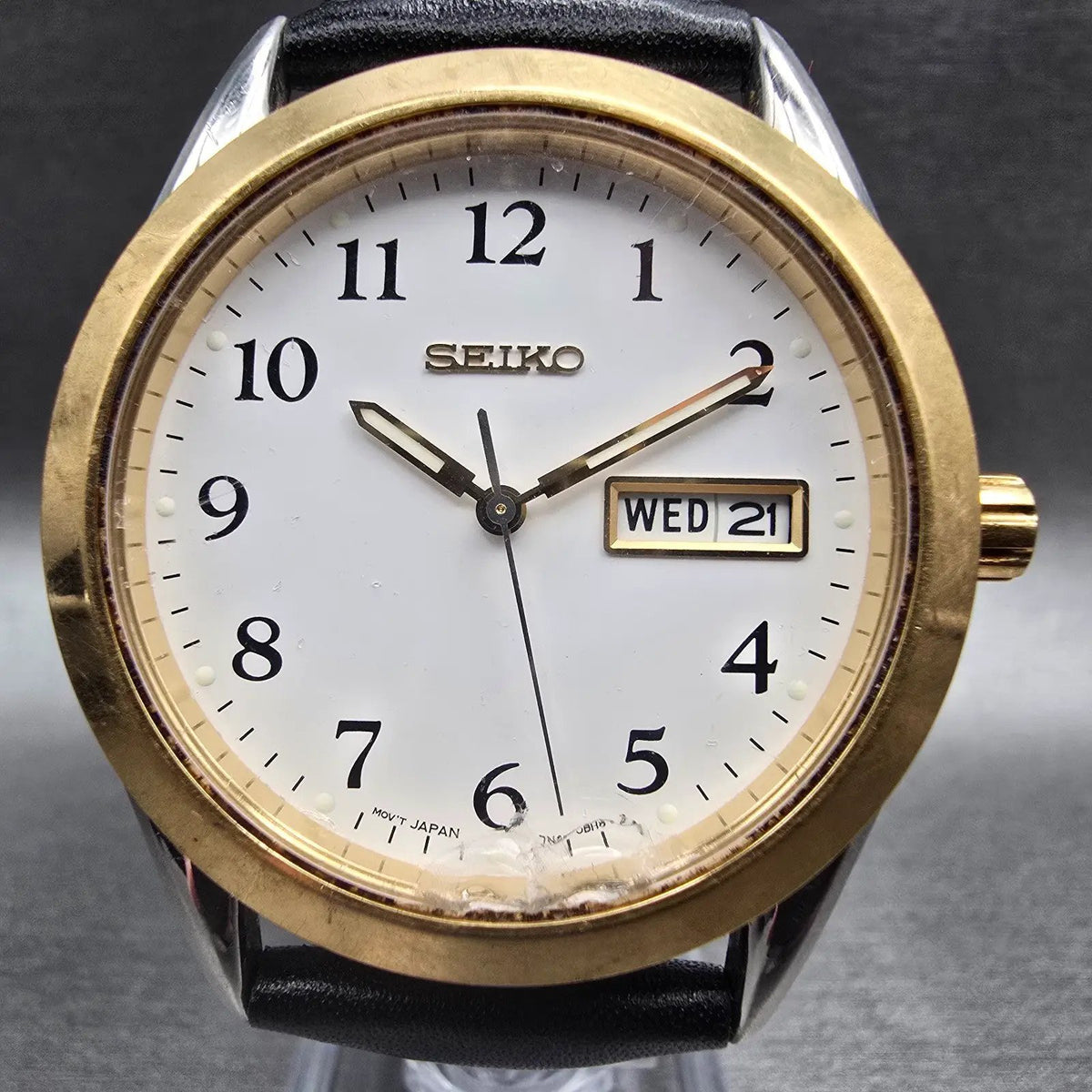 Seiko Watch Men 37mm White Dial Two Tone Daydate Round 7N43-9070 New Battery1