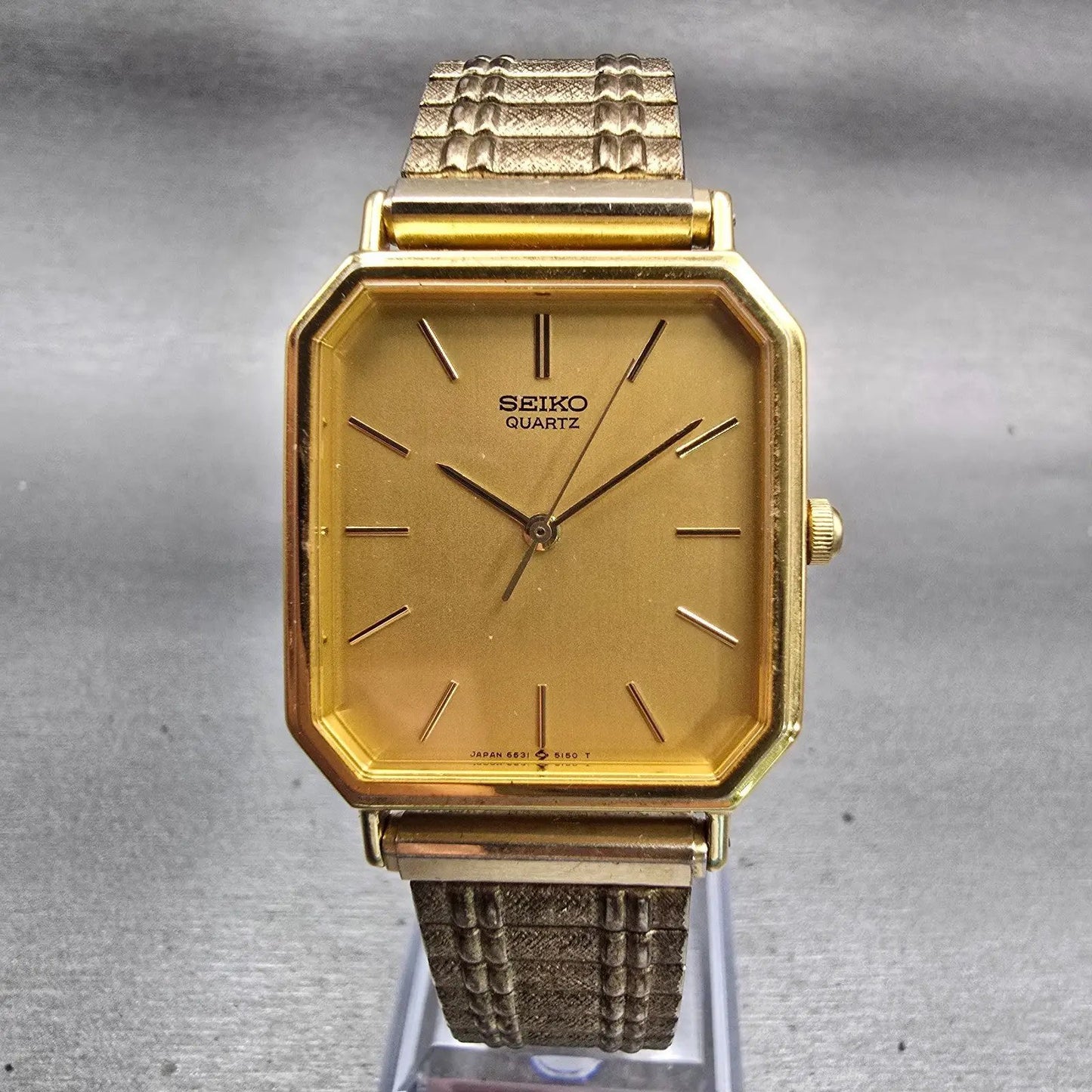 Seiko Watch Men 27mm Gold Dial Gold Tone Rectangle 6531-5100 New Battery Vintage0