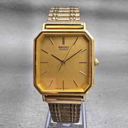 Seiko Watch Men 27mm Gold Dial Gold Tone Rectangle 6531-5100 New Battery Vintage0