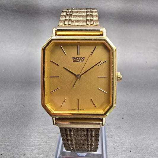 Seiko Watch Men 27mm Gold Dial Gold Tone Rectangle 6531-5100 New Battery Vintage0
