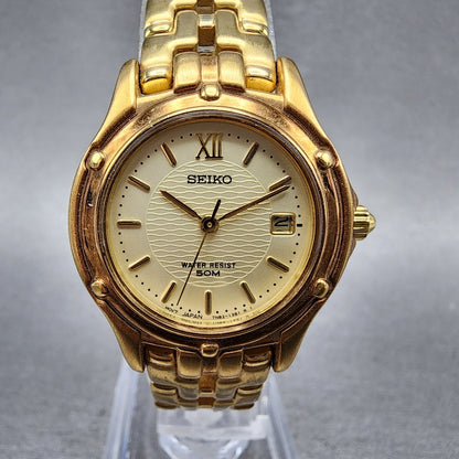 Seiko Watch Women 26mm Champagne Dial Gold Tone Date Round 7n820599 New Battery0