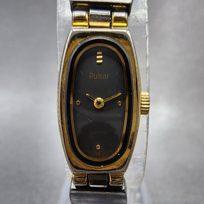 Seiko Pulsar Watch Women 12mm Black Dial Black & Gold Tone V2205460 New Battery1