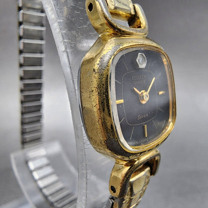 Citizen Seven Watch Women 17mm Black Dial Gold Tone Square 3220-949081 New Batt