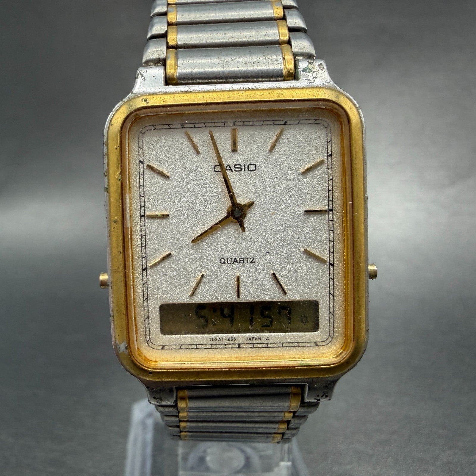 Casio AQ-703 Watch Unisex 27mm White Dial Two Tone Alarm Rectangle new battery0