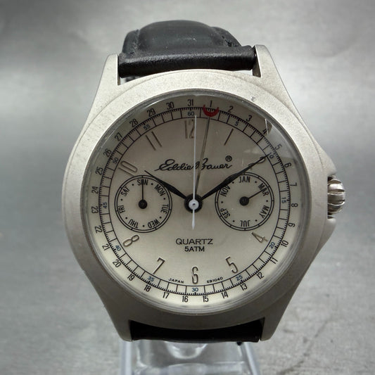 Eddie Bauer Triple Calendar Watch Men 38mm White Dial Steel Round #53201 PARTS0