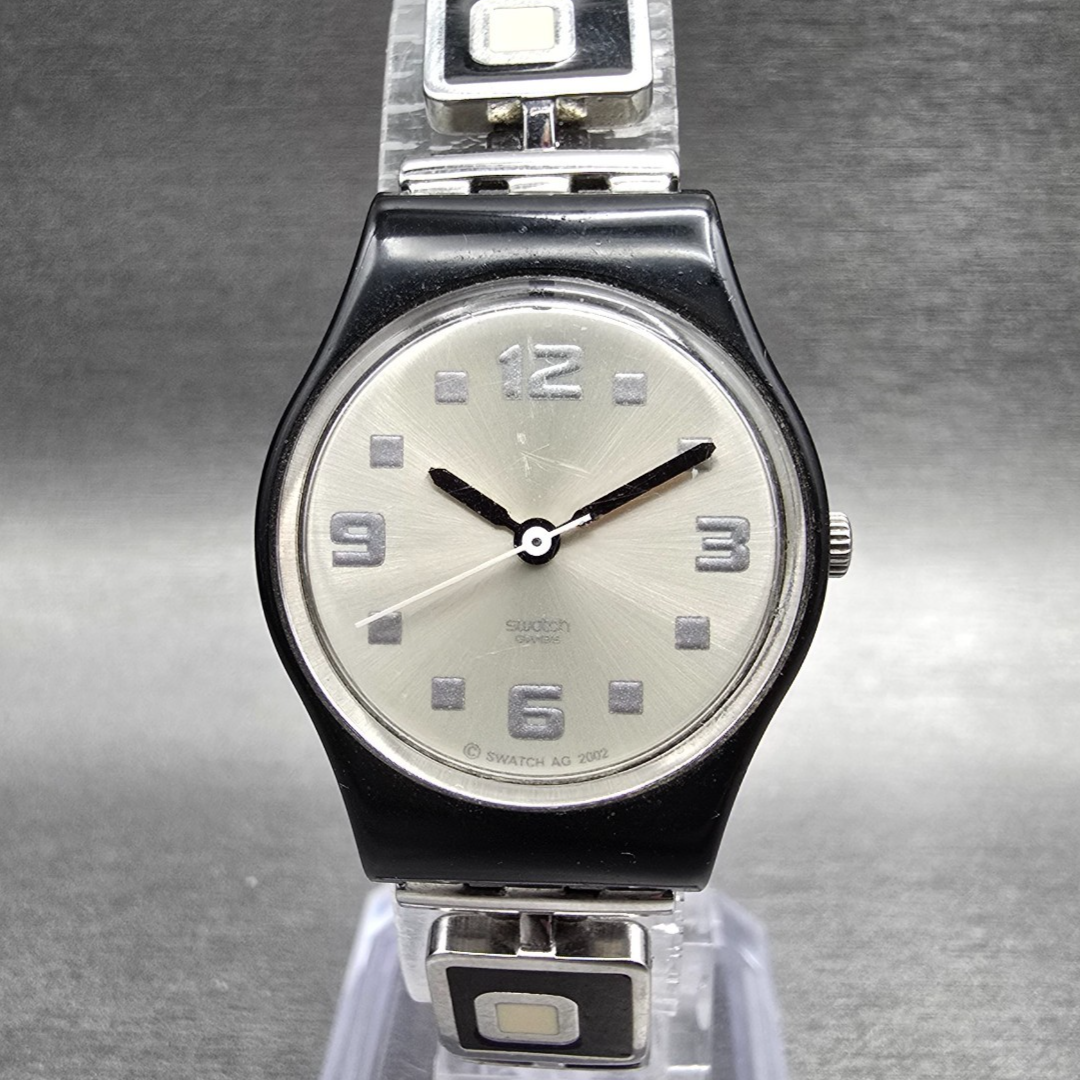 Swatch Chessboard Watch Women 25mm Silver Dial Black Case Round LB160 New Batt20