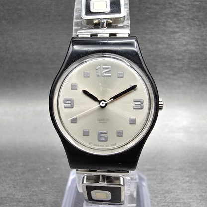 Swatch Chessboard Watch Women 25mm Silver Dial Black Case Round LB160 New Batt20