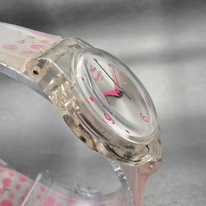 Swatch PINK SPOTS Watch Women Silver Dial Clear Case Round LK316 New Battery3