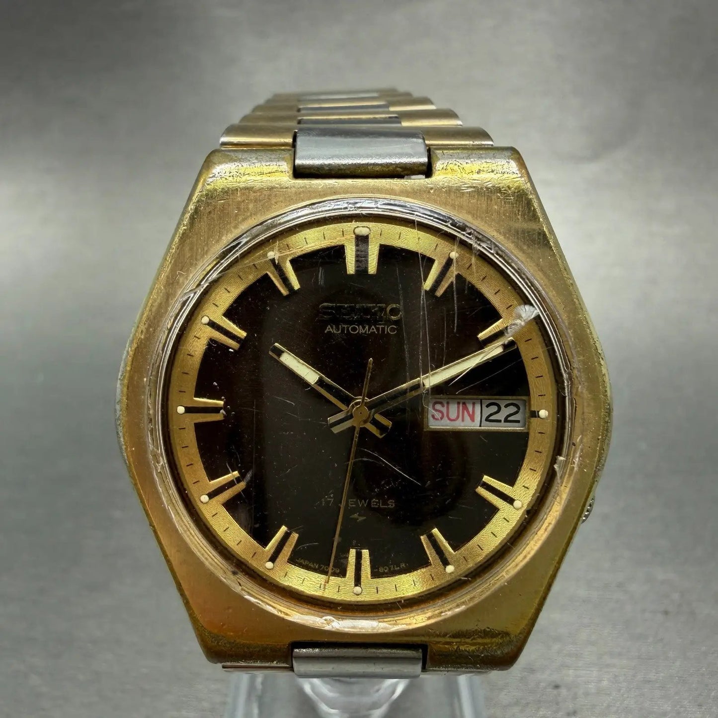 Seiko Automatic Watch Men 38mm Brown Dial Two Tone Daydate 7009-8079 Runs VTG0