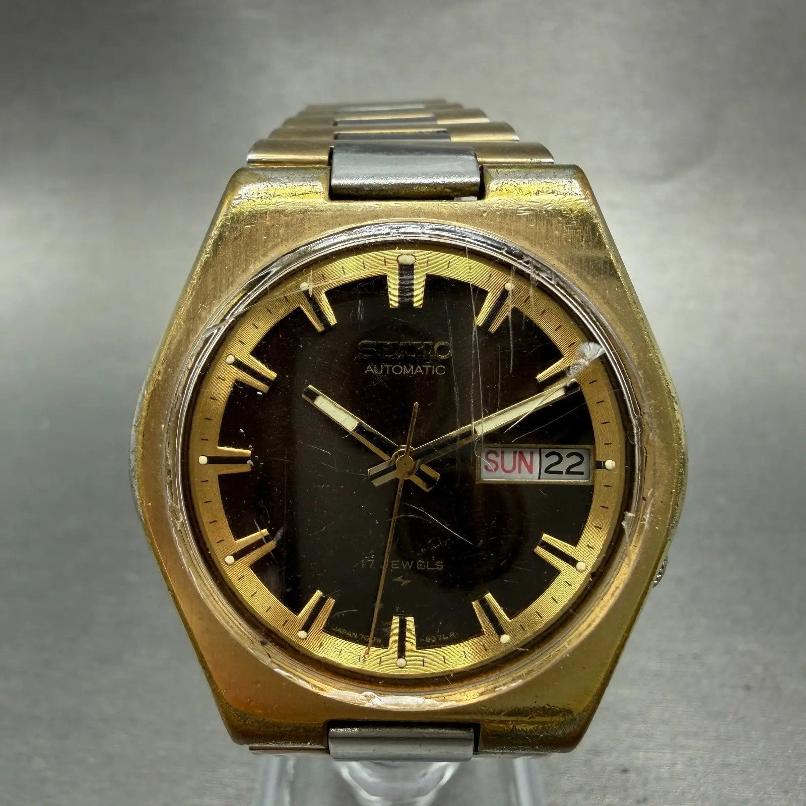 Seiko Automatic Watch Men 38mm Brown Dial Two Tone Daydate 7009-8079 Runs VTG0