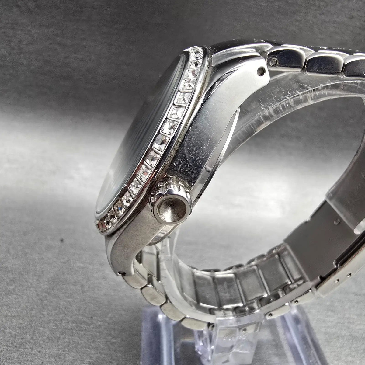 Fossil F2 Watch Women 40mm Black Dial Silver Tone Gemmed ES-1951 New Battery2