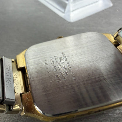 Seiko Tank Watch Men 28mm Gold Dial Gold Tone Rectangle 7N33-5028 New Battery 769