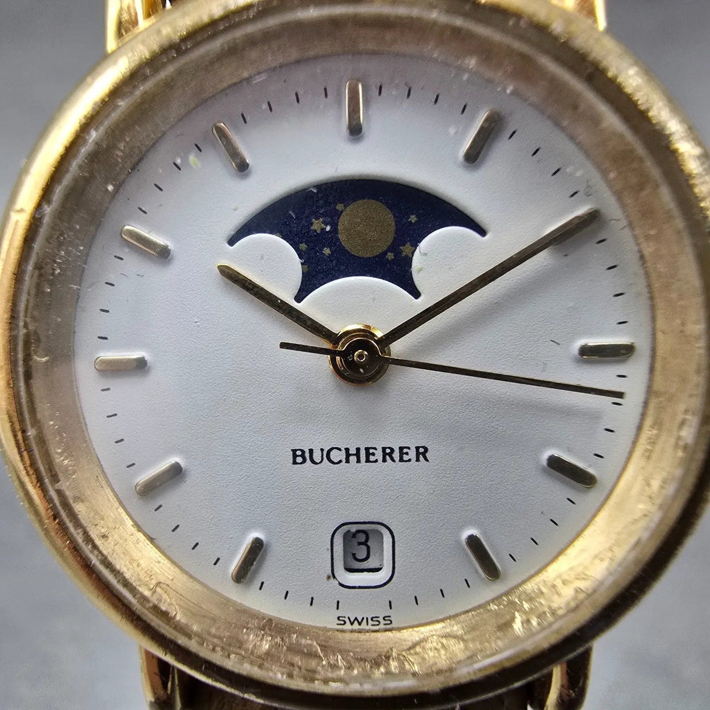 Bucherer Moonphase Watch Women 25mm White Dial Gold Tone Date READ!! New Battery1