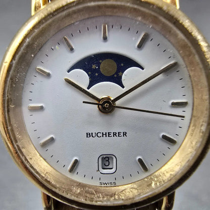 Bucherer Moonphase Watch Women 25mm White Dial Gold Tone Date READ!! New Battery1