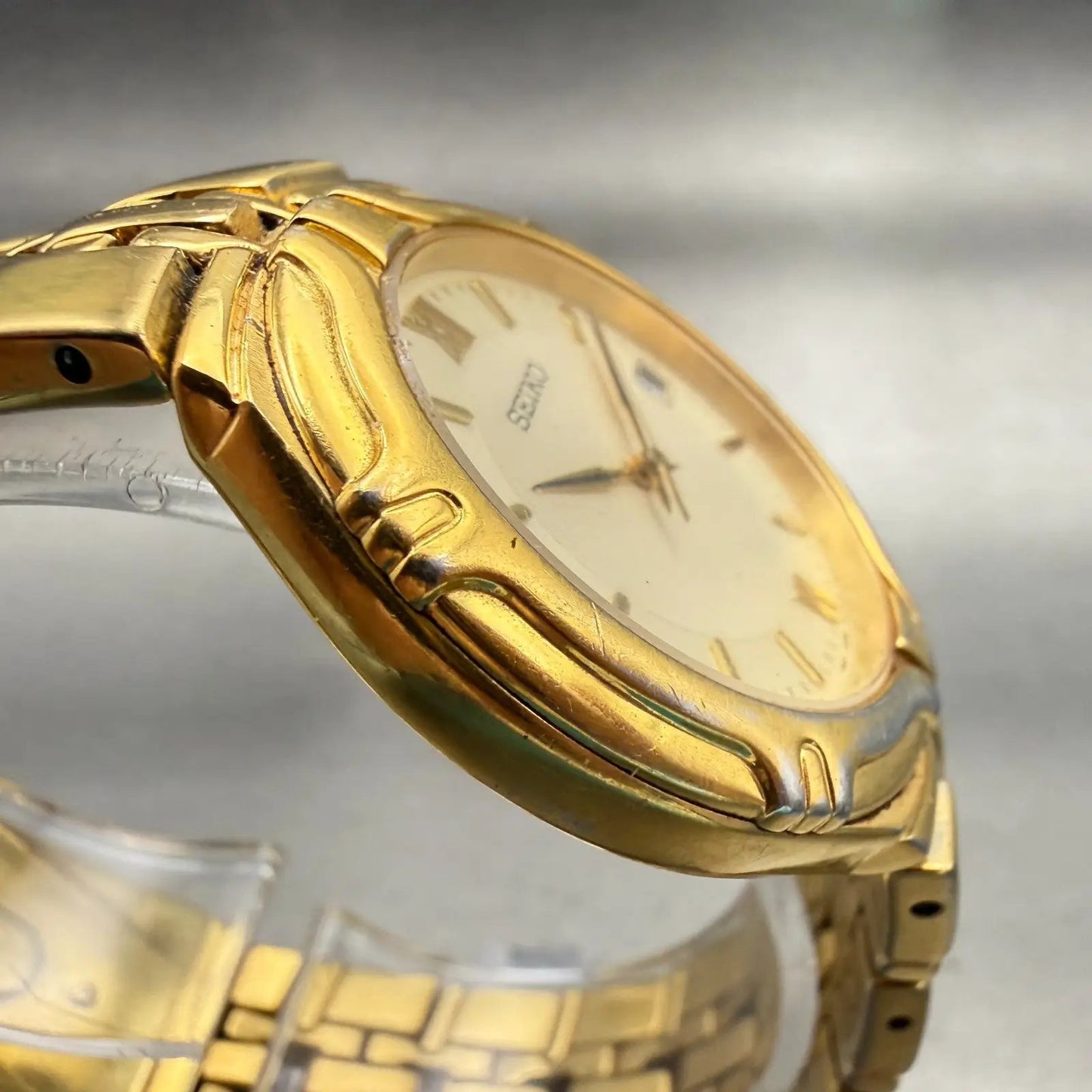 Seiko Watch Men 36mm Ivory Dial Gold Tone Date Round 7N42-6C10 New Battery VTG3
