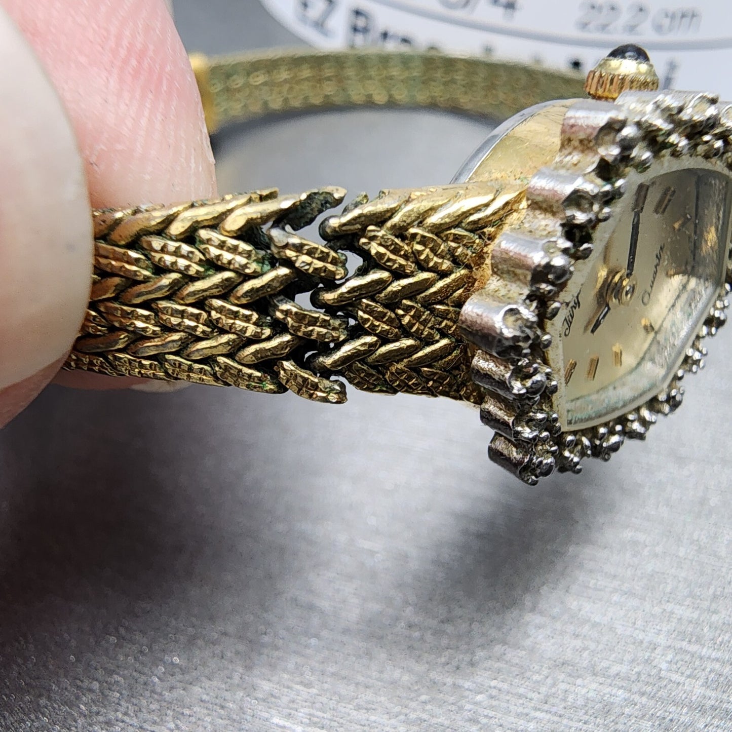 Jules Jurgenson Watch Women 15mm Gold Dial Gold Tone Hexagon Gem Set Bezel Runs12