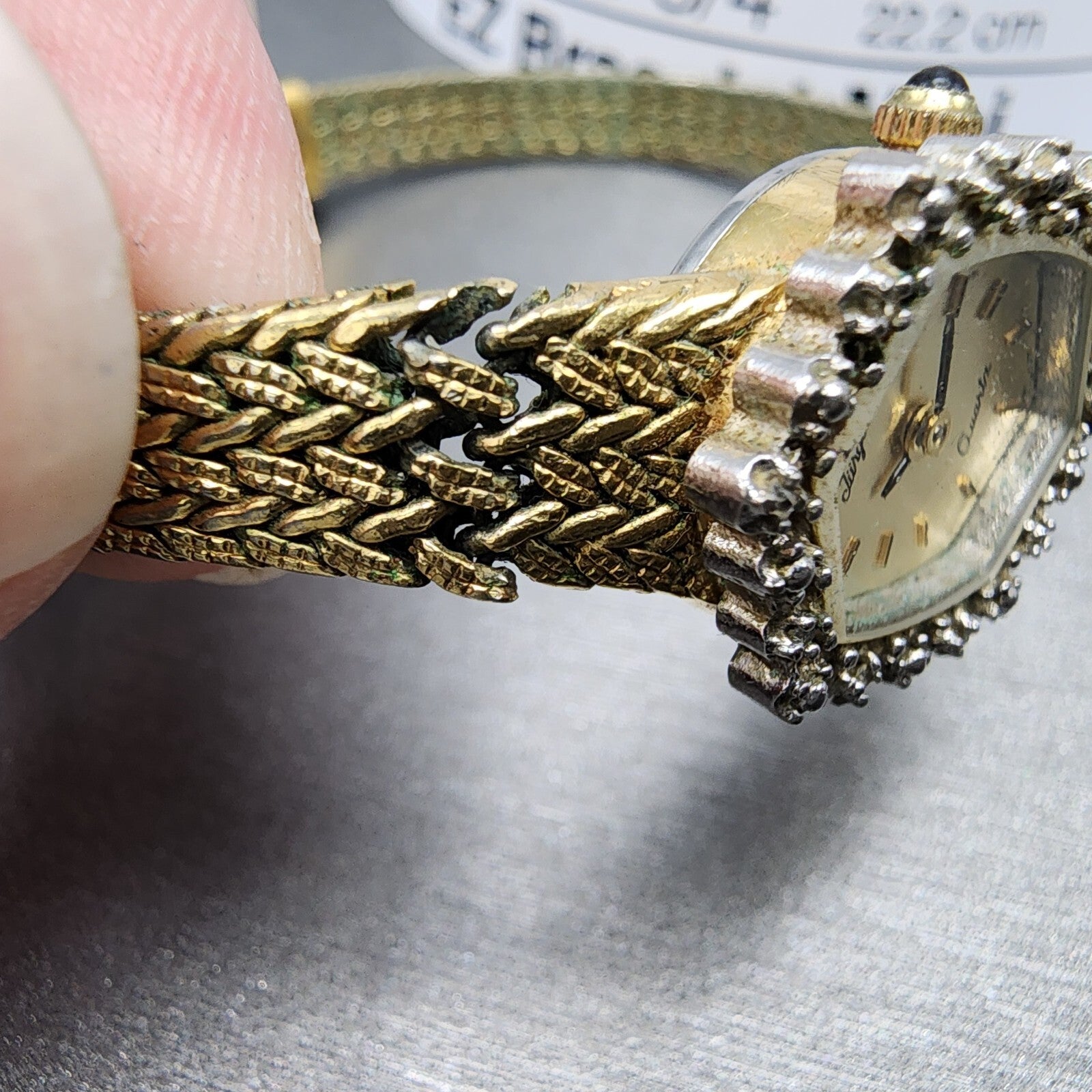 Jules Jurgenson Watch Women 15mm Gold Dial Gold Tone Hexagon Gem Set Bezel Runs12