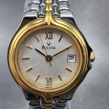 Bulova Watch Women 24mm White Dial two Tone Date Round 98M02 New Battery1