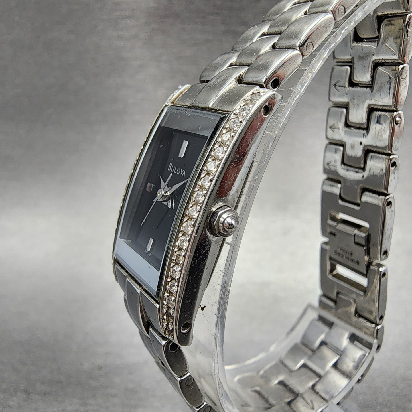 Bulova Tank Watch Women 18mm Black Dial Steel Crystals Rectangle New Battery2