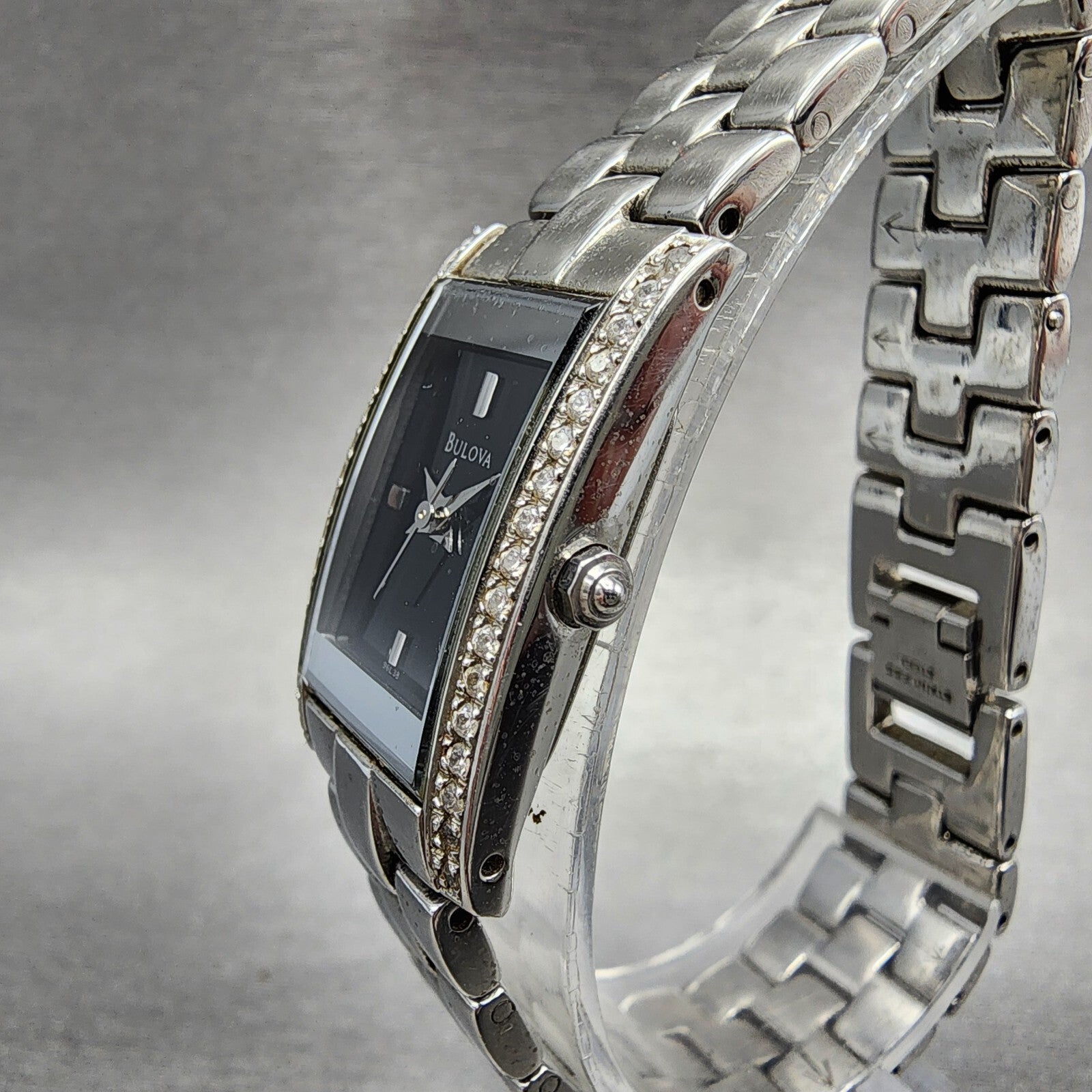 Bulova Tank Watch Women 18mm Black Dial Steel Crystals Rectangle New Battery2