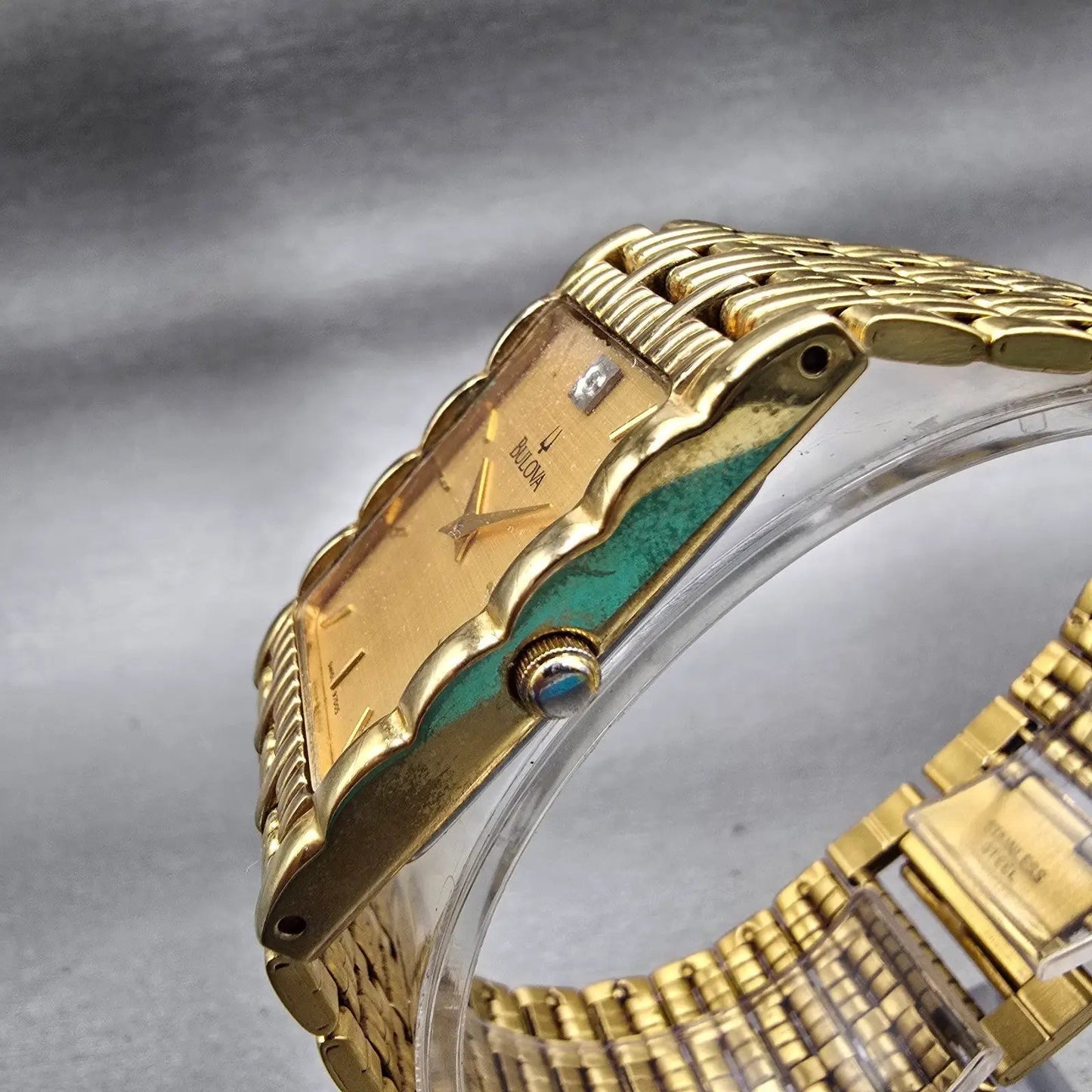 Bulova Watch Men 23mm Gold Dial Gold Tone Diamond Rectangle 97D05 New Battery2