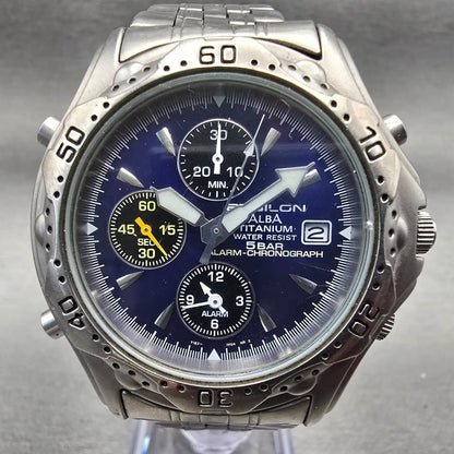 Alba Epsilon Chronograph Watch Men 42mm Blue Dial Titanium Y182-7D20 New Batt1