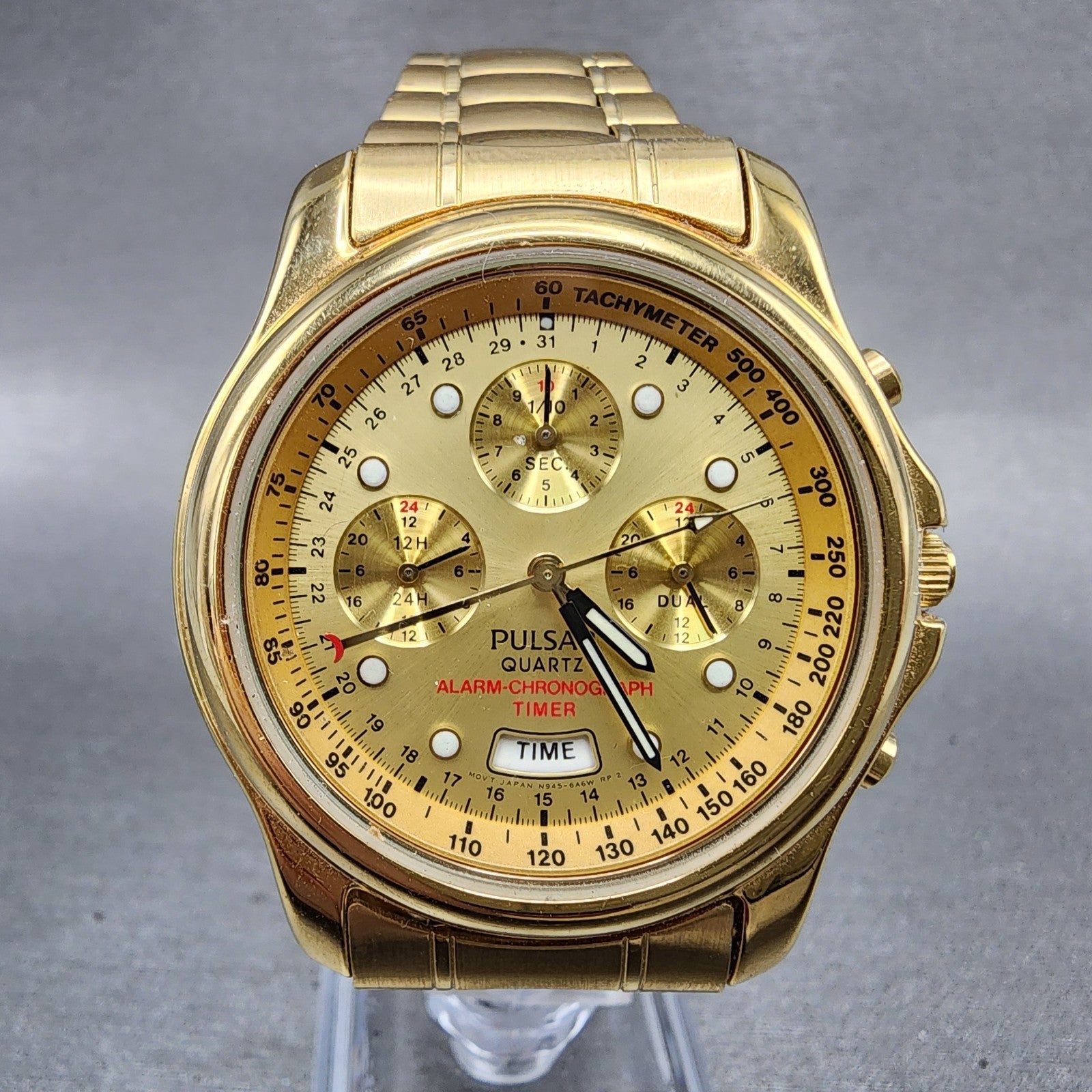 Seiko Pulsar Chronograph Watch Men 39mm Gold Dial Gold Tone Alarm Date New Batt0