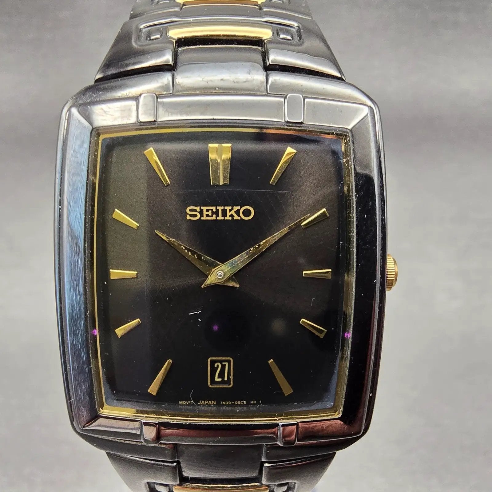 Seiko Tank Watch Men 30mm Black Dial Black Tone Date Rectangle 7N39-0AT0 NewBatt1