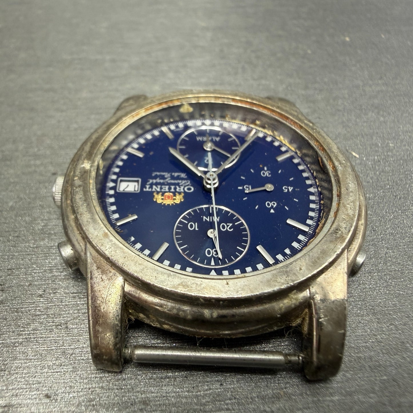 Orient Chronograph Watch Men 37mm Blue Dial Silver Tone Alarm TA0A-000 PARTS5