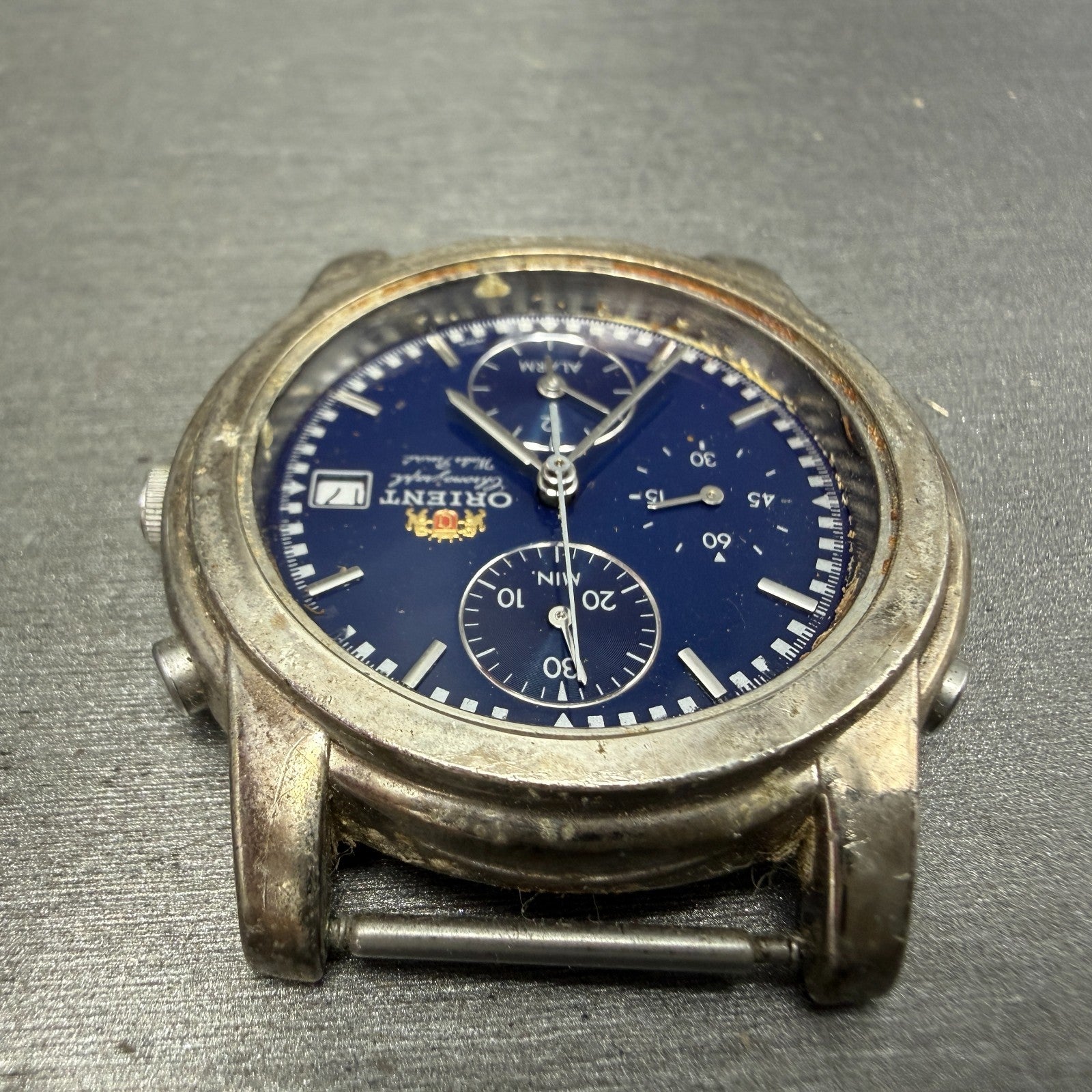 Orient Chronograph Watch Men 37mm Blue Dial Silver Tone Alarm TA0A-000 PARTS5