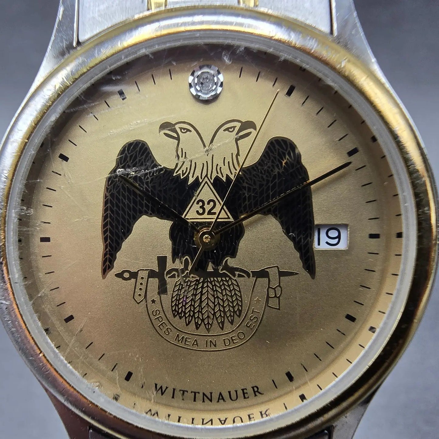 Wittnauer Masonic Watch Men 33m Gold Dial Two Tone Date Round New Battery VTG1