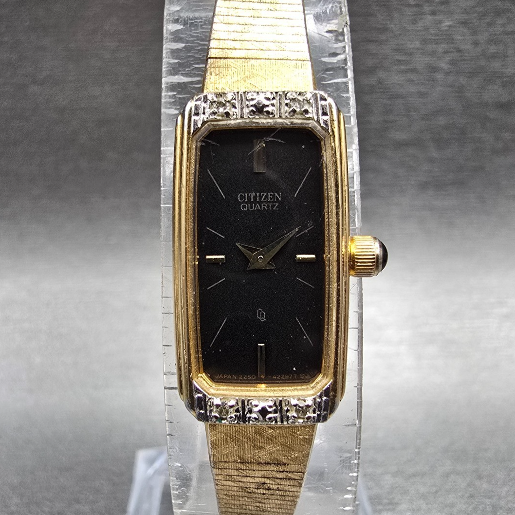 Citizen CQ Tank Watch Women 12mm Brown Dial Gold Diamonds 2250-226348 New Batt0