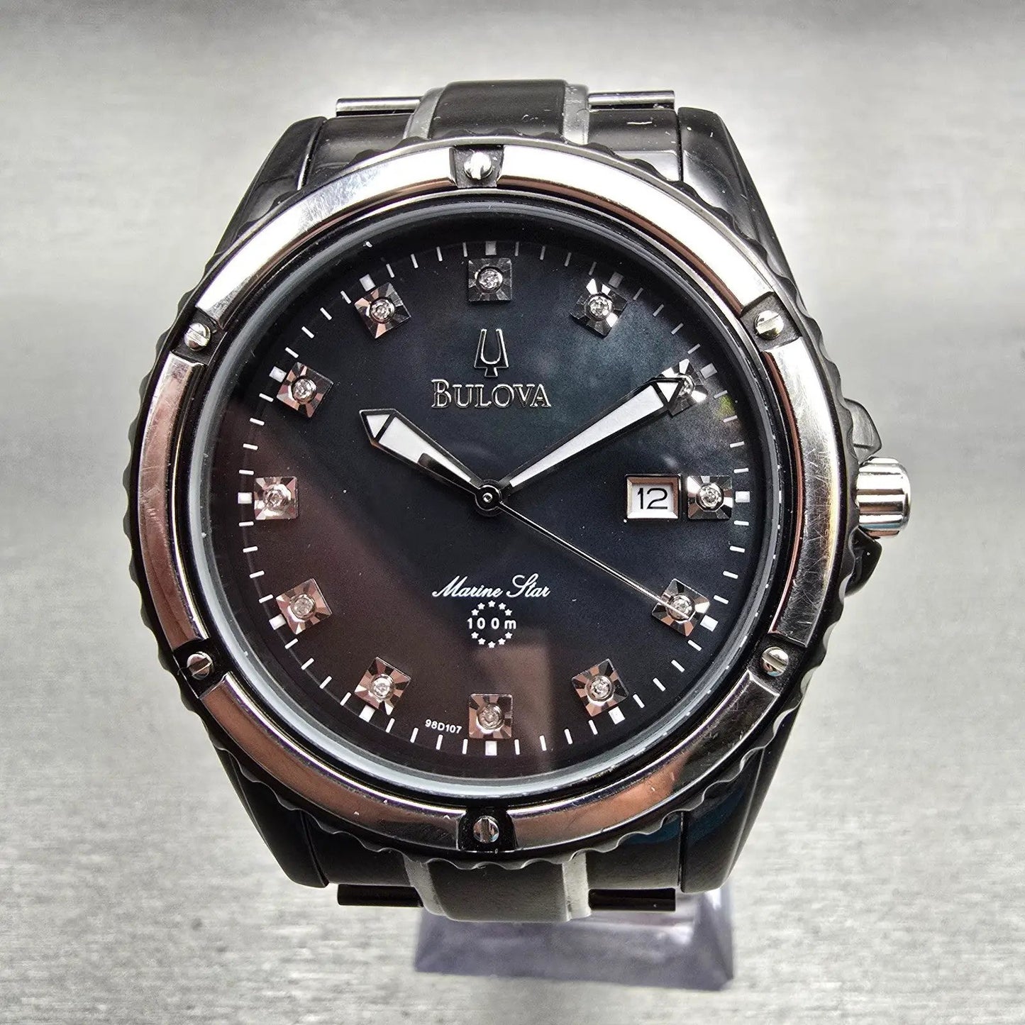 Bulova Marine Star Watch Men 42mm MOP Dial Black Tone Date 98D107 New Battery0