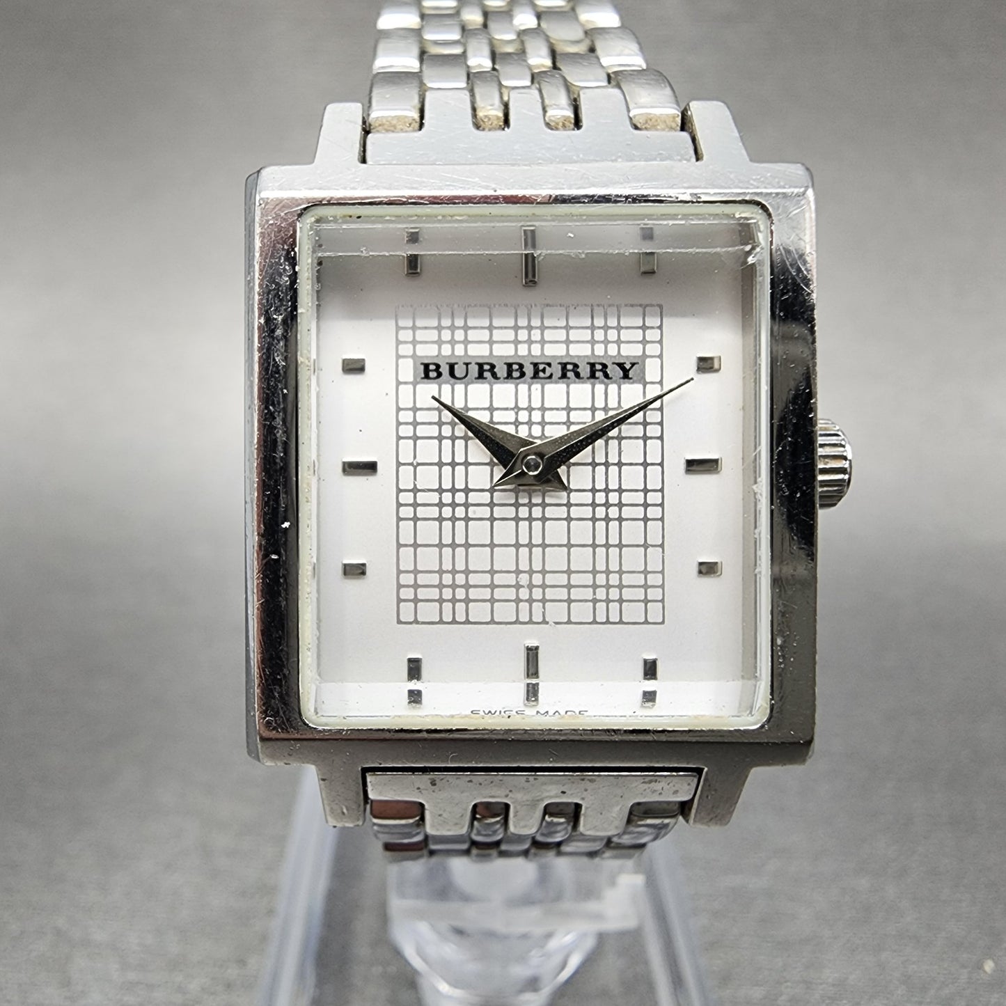 Burberry The City Tank Watch Women 24mm White Dial Steel Rectangle New Battery