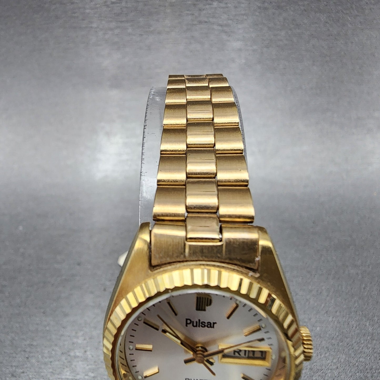 Pulsar President Watch Women 24mm Gold Dial Gold Tone Daydate Round New Batt NOS6