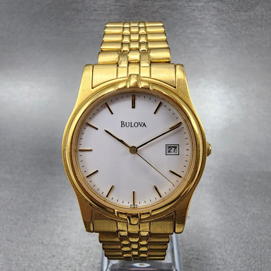 Bulova Watch Men 35mm White Dial Gold Tone Date BROKEN  BAND Round New Battery0