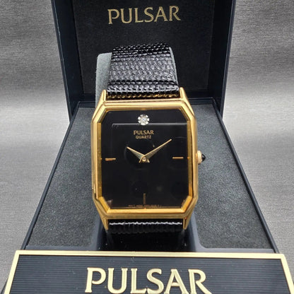Seiko Pulsar Watch Men 26mm Black Dial Gold Tone Rectangle V500-5C40 NewBatt NOS1