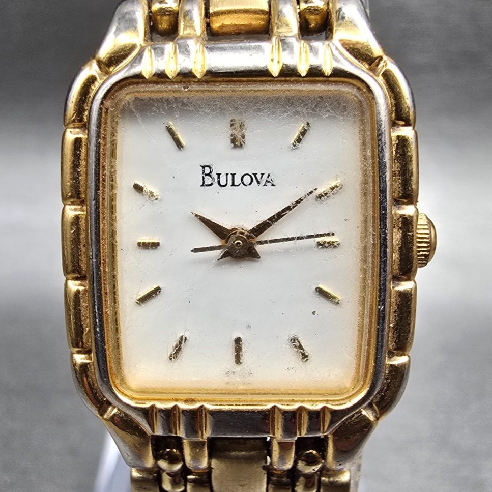Bulova Tank Watch Women 19mm White Dial Gold Rectangle 97L64 New Battery JP1