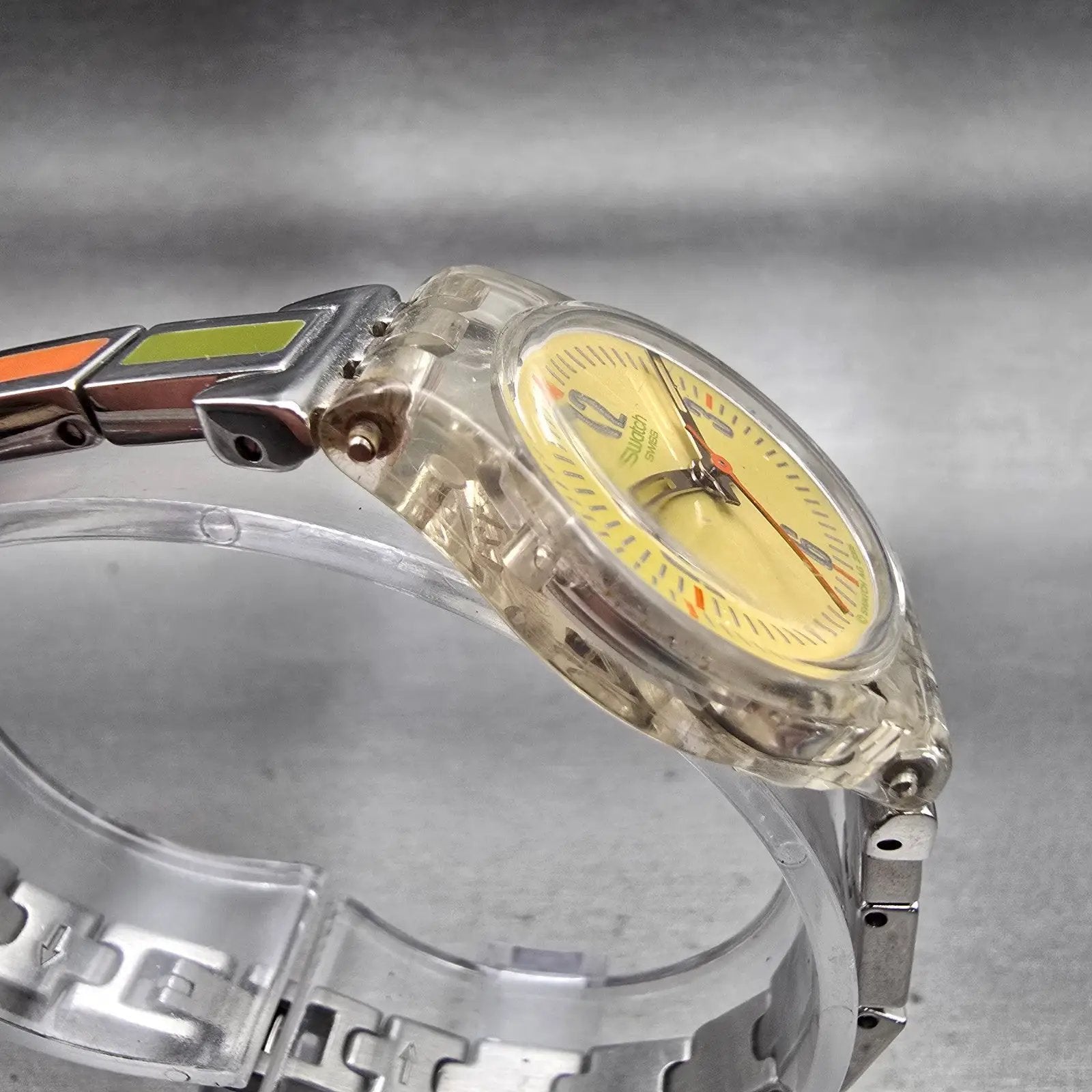 Swatch FALL OF LEAF Watch Women 25mm Yellow Dial Clear Case LK276G New Battery3