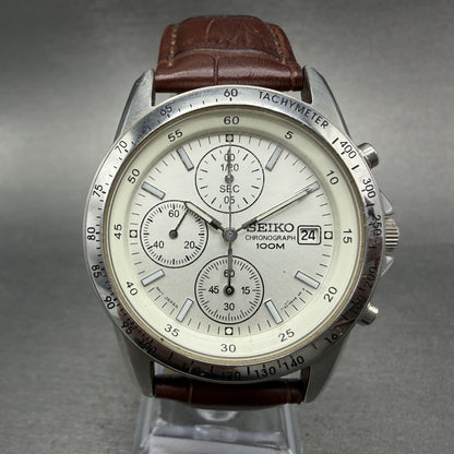 Seiko Chronograph Watch Men 39mm White Dial Silver Tone Date 7T92-0DW0 NewBatter0