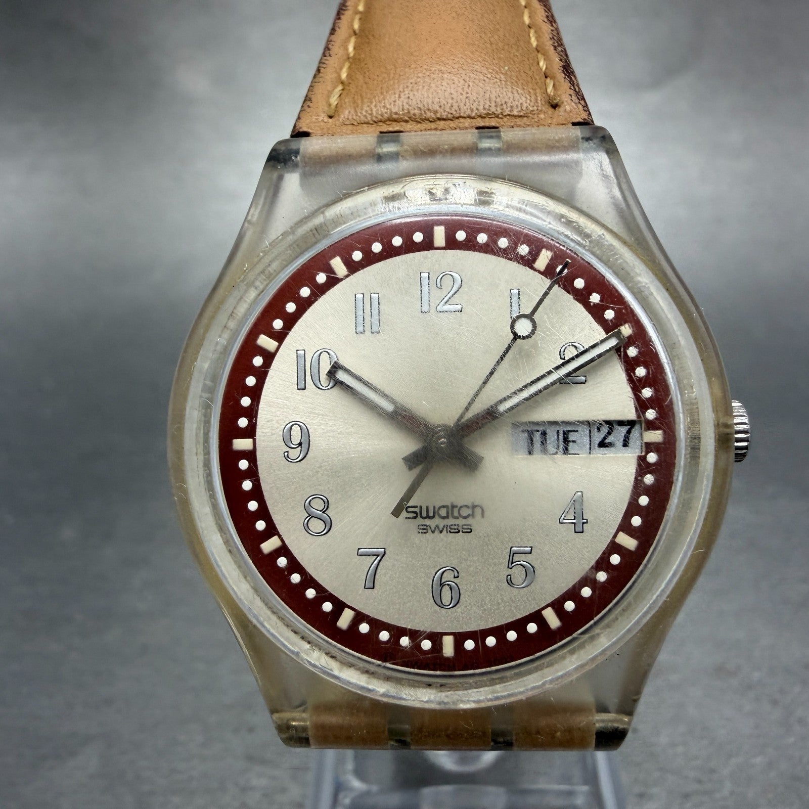 Swatch Croissant Chaud Watch Men 34mm Brown Dial Clear Case Daydate Round Works0
