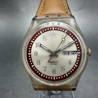 Swatch Croissant Chaud Watch Men 34mm Brown Dial Clear Case Daydate Round Works0