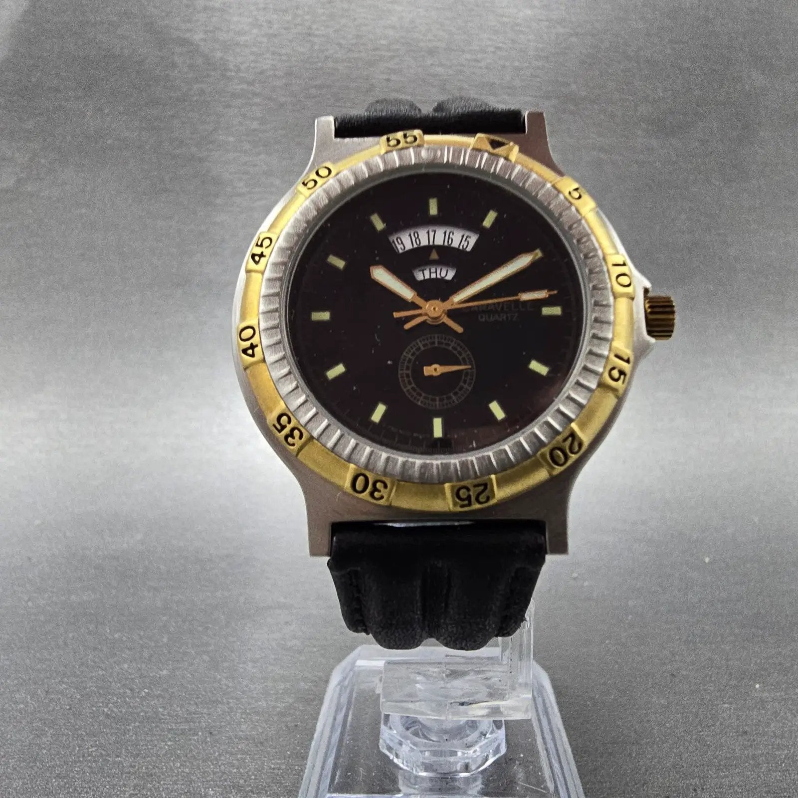 Bulova Caravelle Dive Watch Men 36mm Black Dial Two Tone NOS Round 40C18 PARTS6