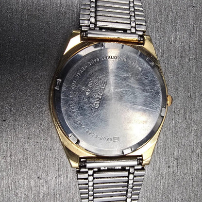 Seiko SQ Watch Men35mm Silver Dial Gold Daydate Round 8223-8029 New Battery JP410