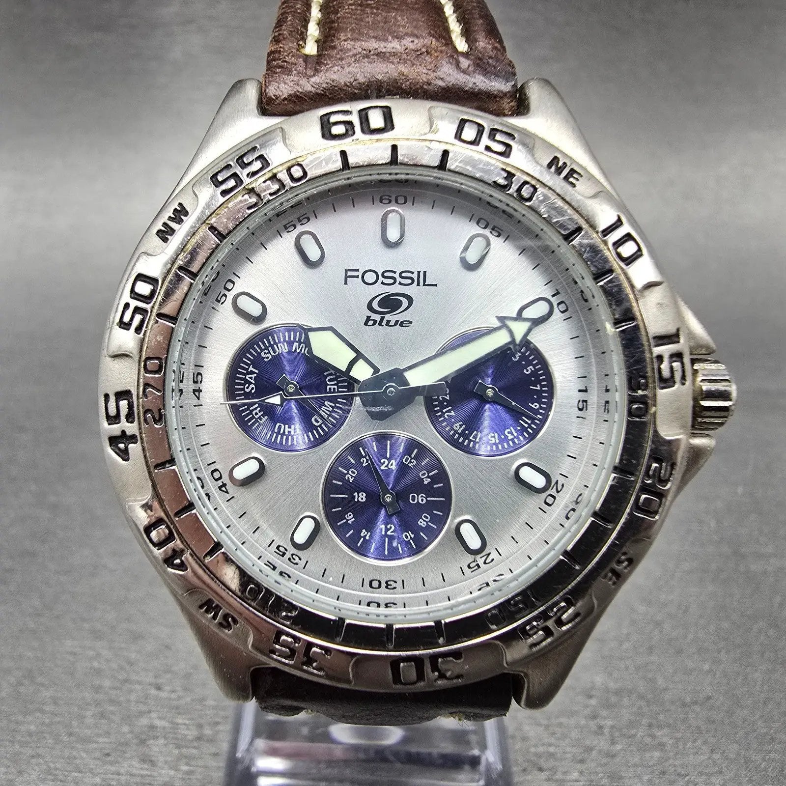 Fossil Blue Watch Men 40mm Silver & Blue Dial Steel Daydate BQ-8785 New Battery0